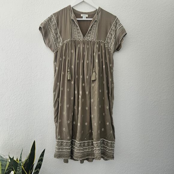 Sundance Catalog Aura Dress Olive Green Embroidered Embellished Boho Casual - XS - Picture 3 of 10